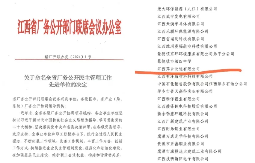 萍鄉(xiāng)長運(yùn):榮獲“江西省廠務(wù)公開民主管理先進(jìn)單位”稱號