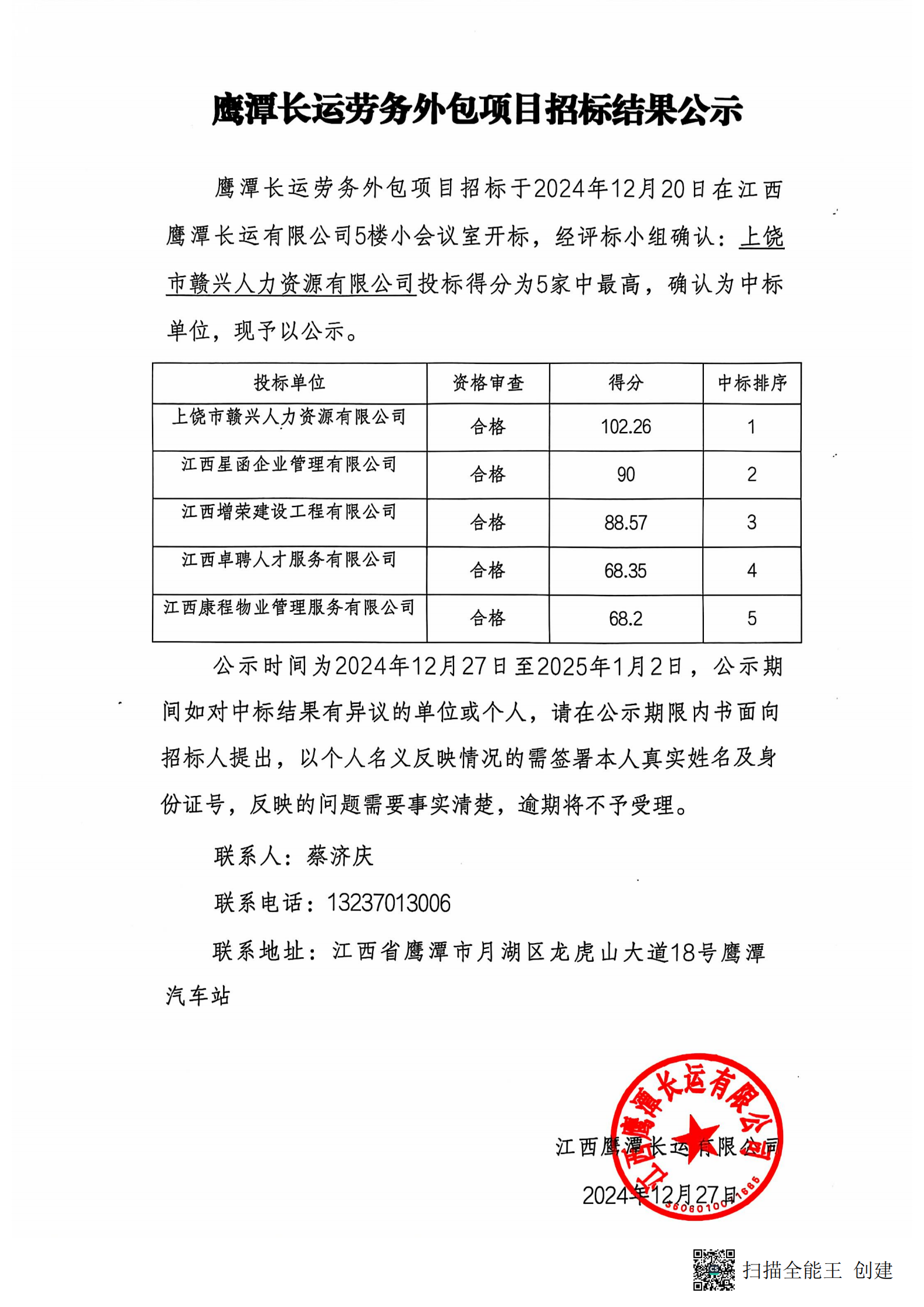 鷹潭長(zhǎng)運(yùn)勞務(wù)外包項(xiàng)目招標(biāo)結(jié)果公示20241227